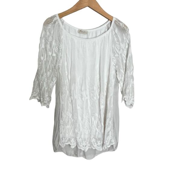 BELLAMBRA Made In Italy White Embroidered  Lined Flowy Top 3/4 Sleeve Wmns. SM - Picture 1 of 13